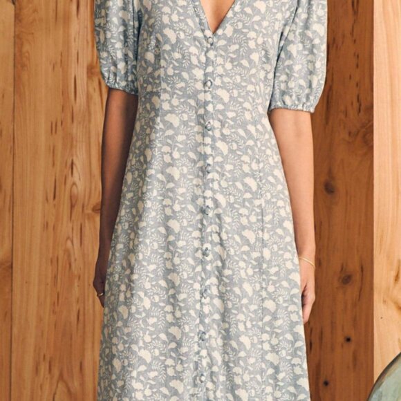 Faherty Havana Dress Indigo Echo Floral Linen Blend, Size S - Picture 4 of 9